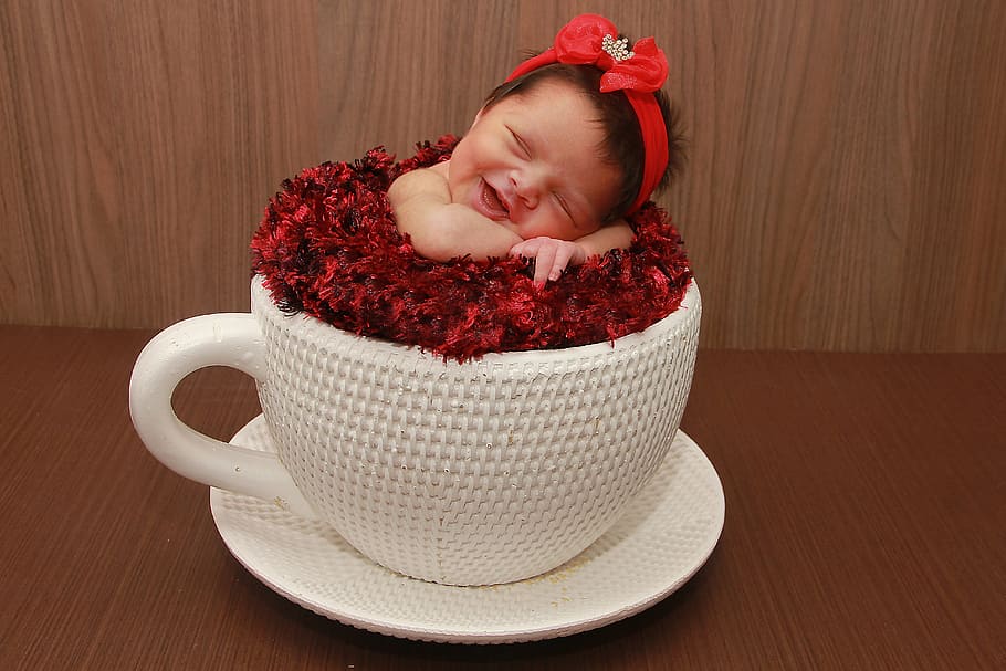 white, ceramic, mug, saucer, baby, sleeping, love, childish, newborn, cup of tea