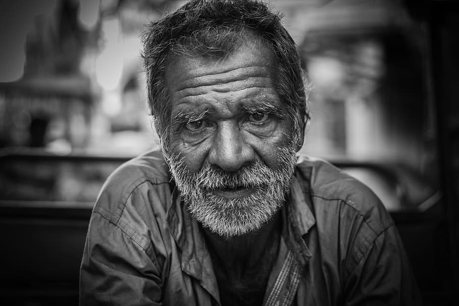 man, collared, top, grayscale photography, old man, portrait, street, old, senior, person