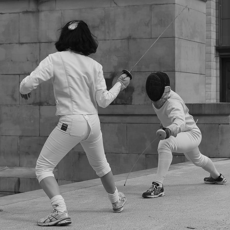 grayscale photo, two, persons, dueling, fencing, sports, sword, clothing, martial arts, mask