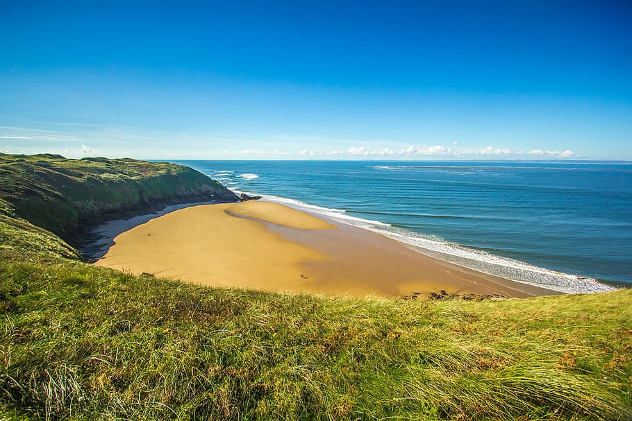 arriba, ver, orilla de la playa, medio, colina, costa, playa, Gales del Sur, océano, Inglaterra