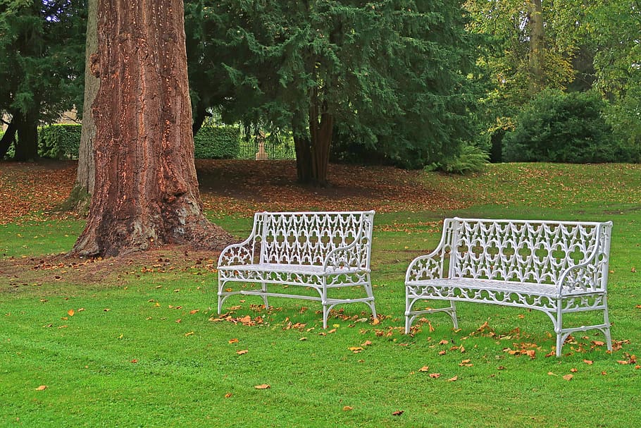 two, white, metal benches, grass field, bank, grass, garden, wood, park, scotland