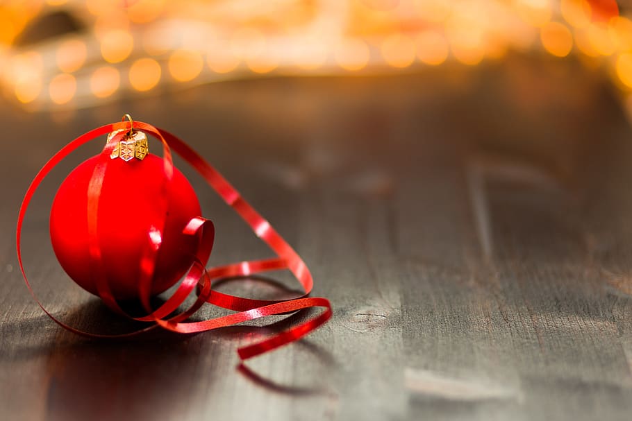 red, christmas ball, ribbon, decoration, ornament, christmas, bokeh, christmas decoration, close-up, christmas ornament