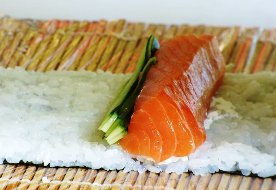 salmon meat, steam rice, eating, sushi, food, health, rice, sesame, salmon, fish
