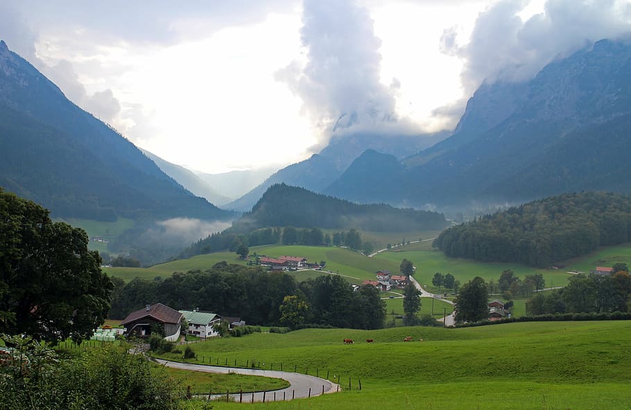 fotografía de paisaje, pueblo, cuerpo, agua, paisaje, Alta Baviera, Ramsau, montañas, cielo, nubes