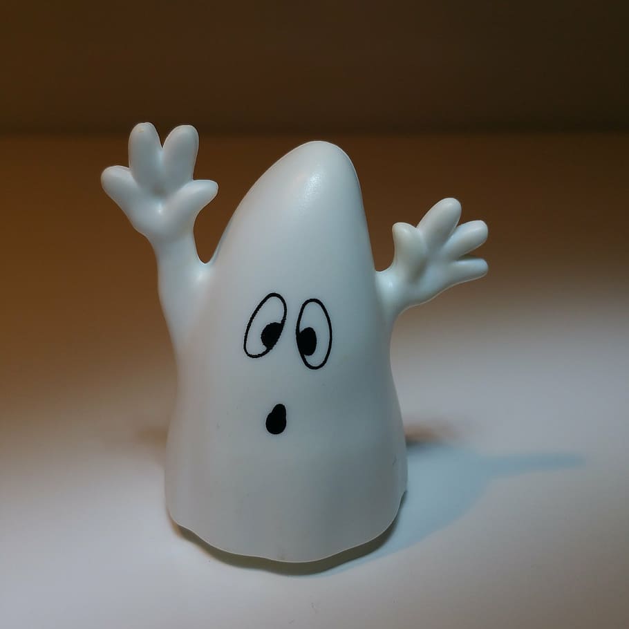 ghost, scare, spooky, indoors, representation, white color, art and craft, still life, communication, table