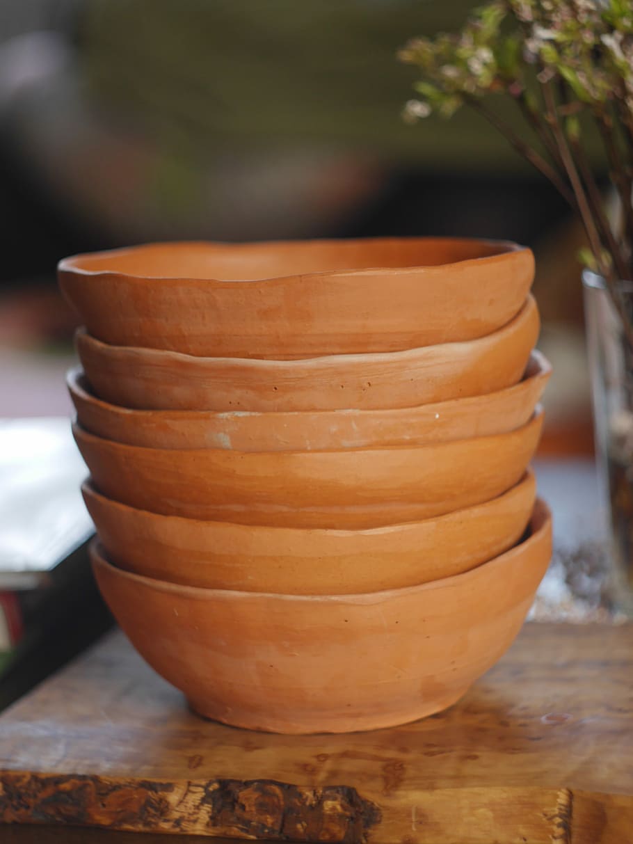 clay pots, pottery, earthenware, handmade, focus on foreground, close-up, table, food and drink, still life, food