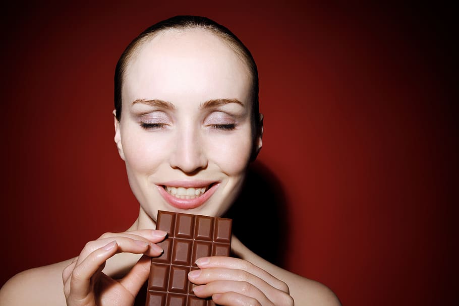 woman, eating, chocolate, bar, sweet, food, female, closed eyes, beauty, person