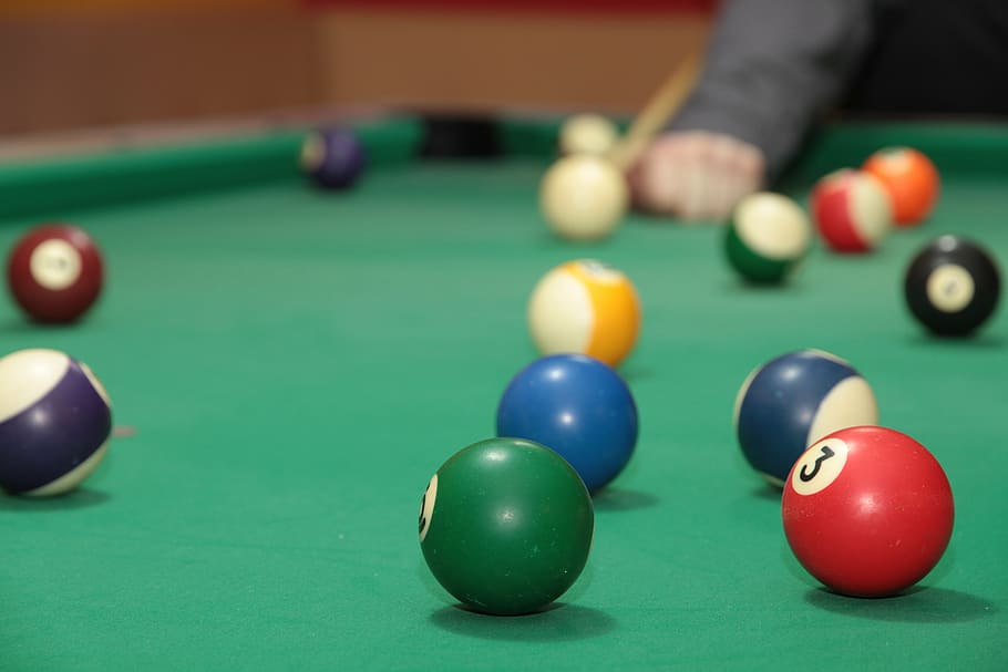 person, standing, pool table, pool balls, top, billiards, billiard-ball, game, cloth, green