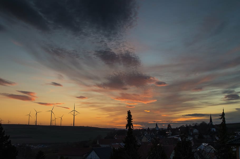 silhouette, windmills, golden, hour, wind, turbines, trees, dusk, windmill, structure