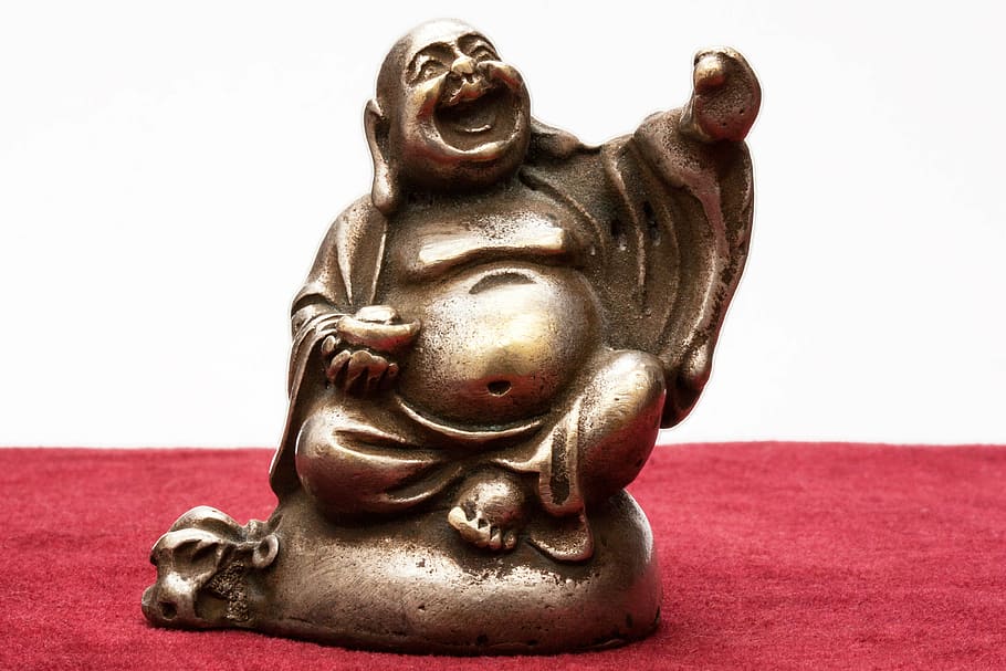 brass-colored budai figurine, buddha, laughing, sculpture, figure, deity, wealth, fill, statue, metal