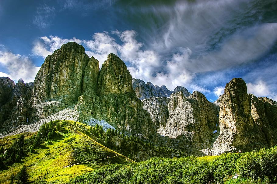 gray, stone mountains, daytime, dolomites, mountains, italy, south tyrol, view, alpine, val gardena