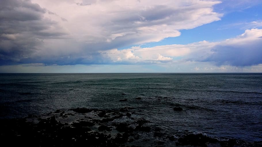 sea, clouds, storm, sky, blue, grey, leftovers, beach, rocks, cloud - sky