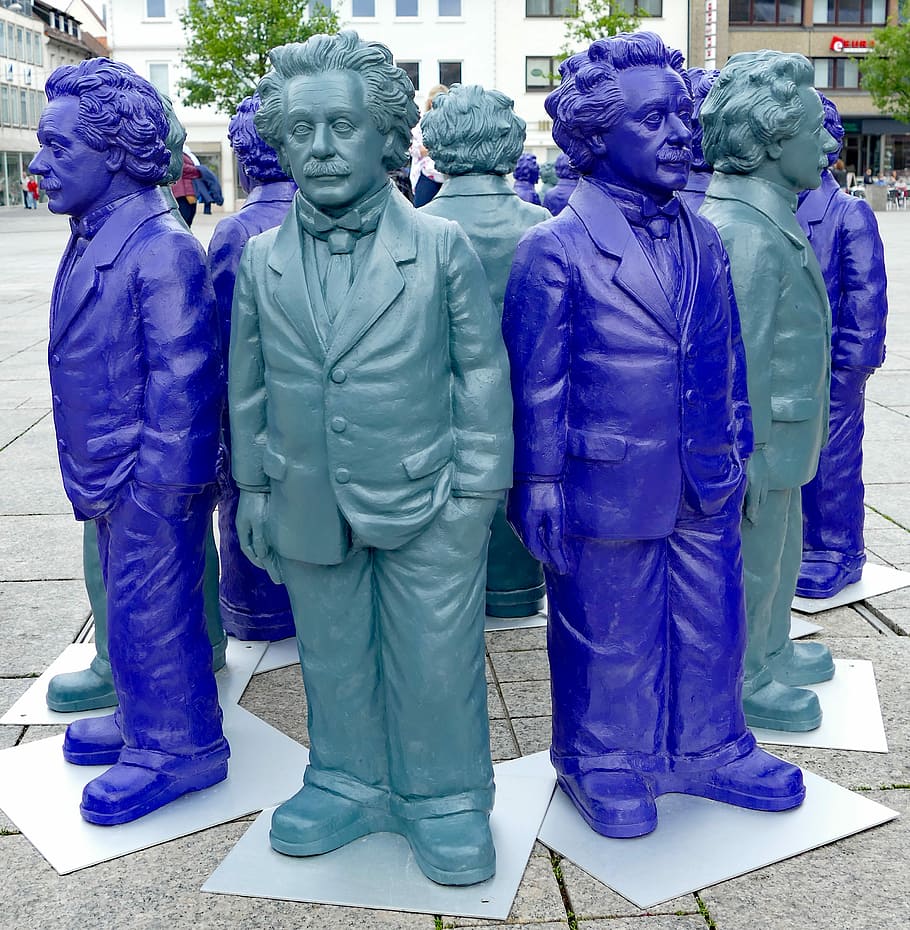 albert einstein, physics, theory of relativity, sculpture, ulm, group of people, real people, clothing, full length, people