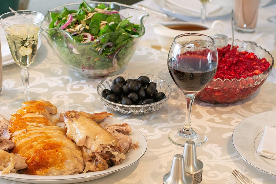 cranberries, thanksgiving, wine, salad, turkey, dinner table, plates, dishes, food, cranberry