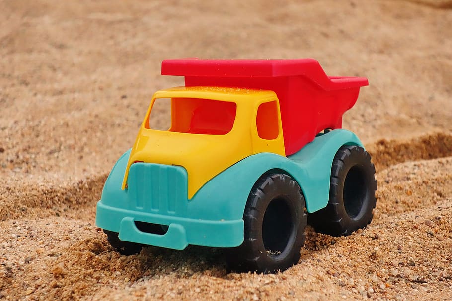 caminhão, vice, brinquedos, areia, praia, poço de areia, caixa de areia, jogar, criança, crianças