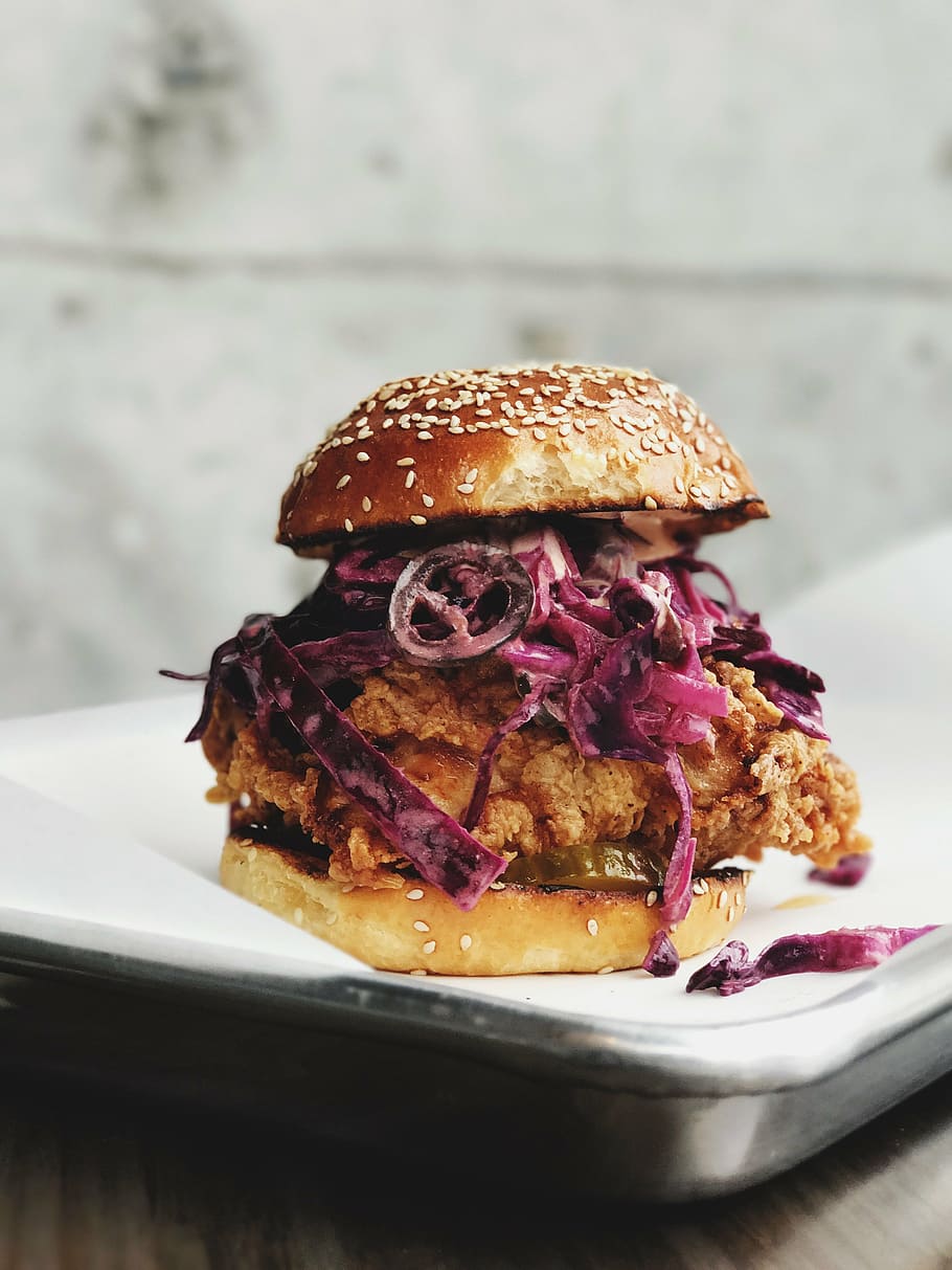 burger, onion, fried, meat, chicken, purple, cabbage, patty, top, gray