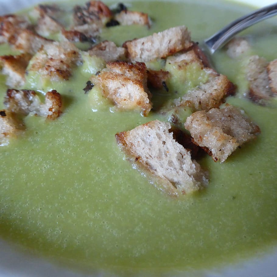 soup, stew, pea soup, starter, food, croutons, bread, cube, eat, plate