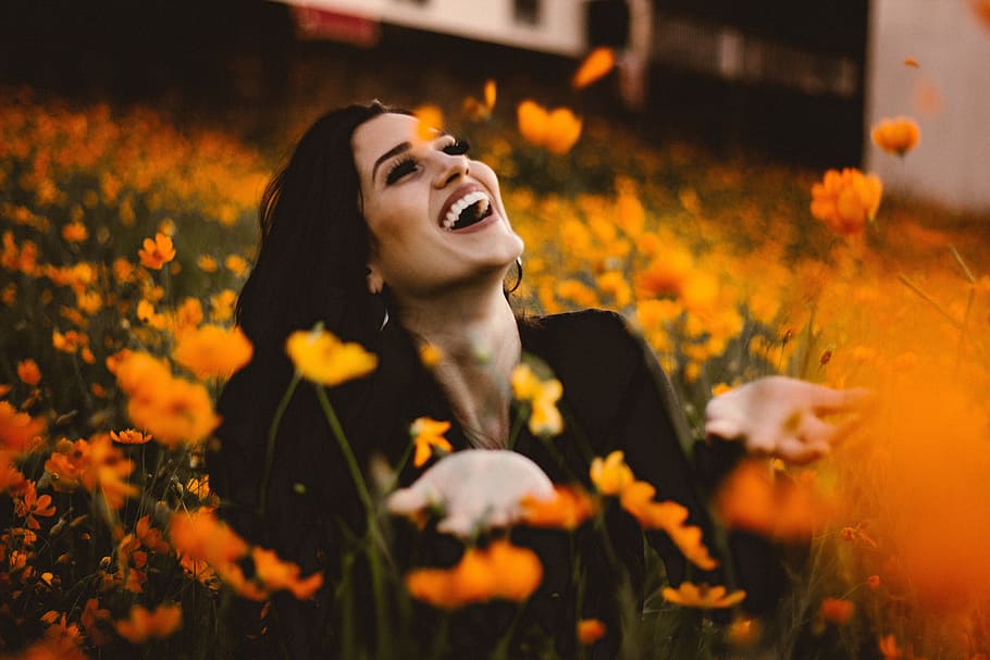 laughing, woman, flowers, smile, Laughing woman, people, flower, happy, laugh, nature