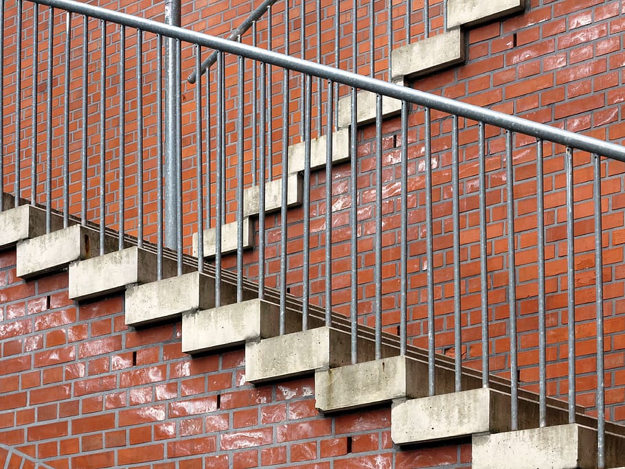 stairs, brick wall, geometry, diagonal, railing, abstract, architecture, built structure, building exterior, day