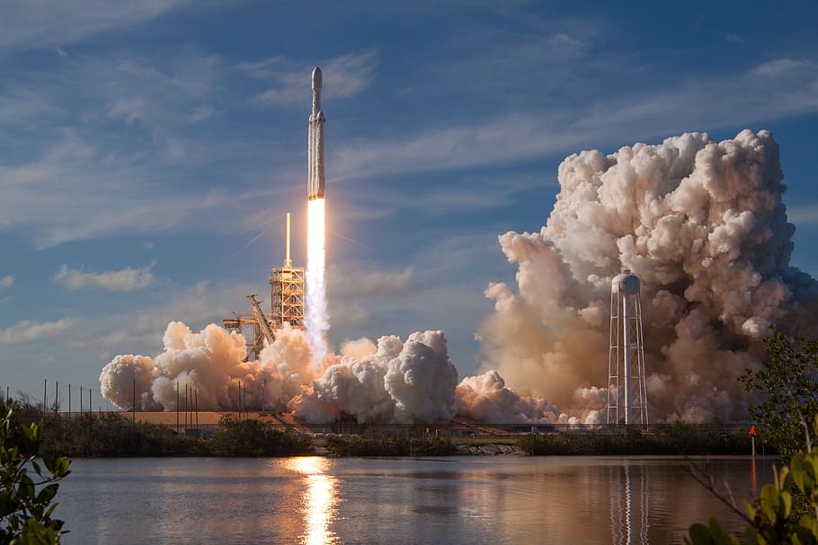 Falcon Heavy, Demo, Mission, launching rocket, smoke - physical structure, sky, industry, reflection, factory, air pollution