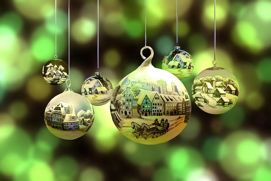 six, gold christmas balls, christmas, winter, snow, village, landscape, christmas tree ball santa claus, santa claus, firs