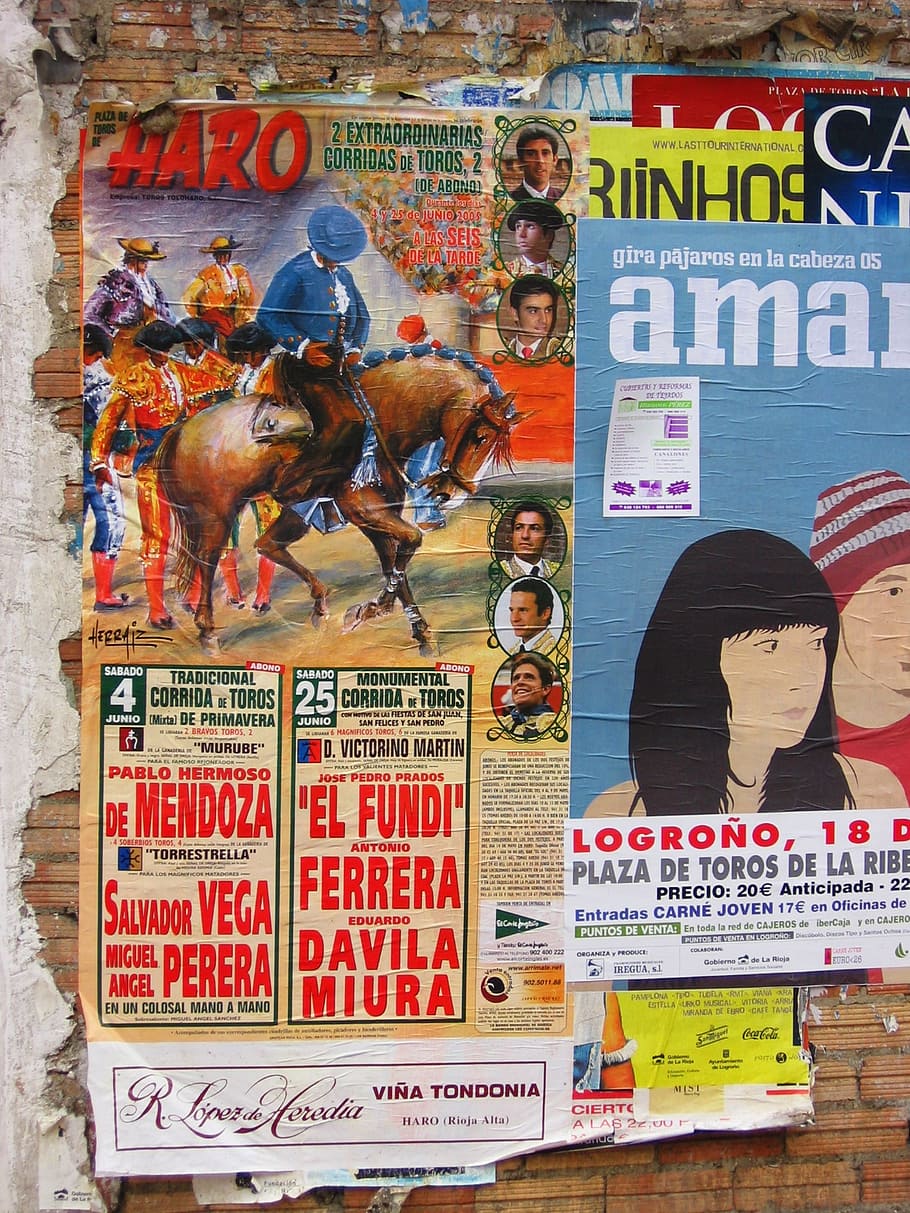 poster, competition, bull fighting, spain, wall, announcement, power, human representation, text, representation