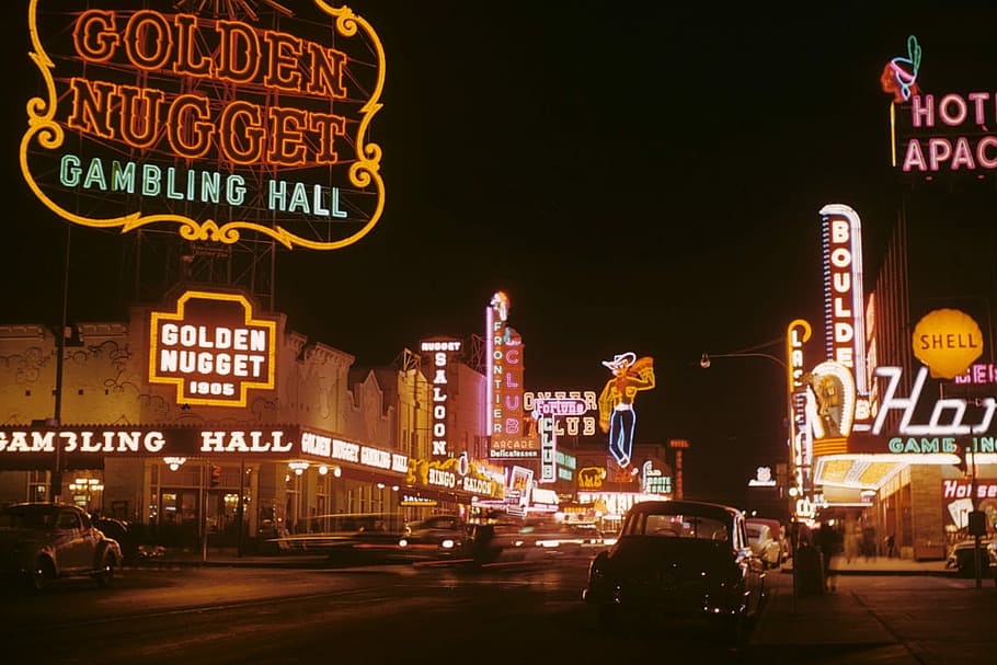 golden, nugget, 1952, las vegas, nevada, Golden Nugget, Pioneer Club, Las Vegas, Nevada, lights, nightclubs