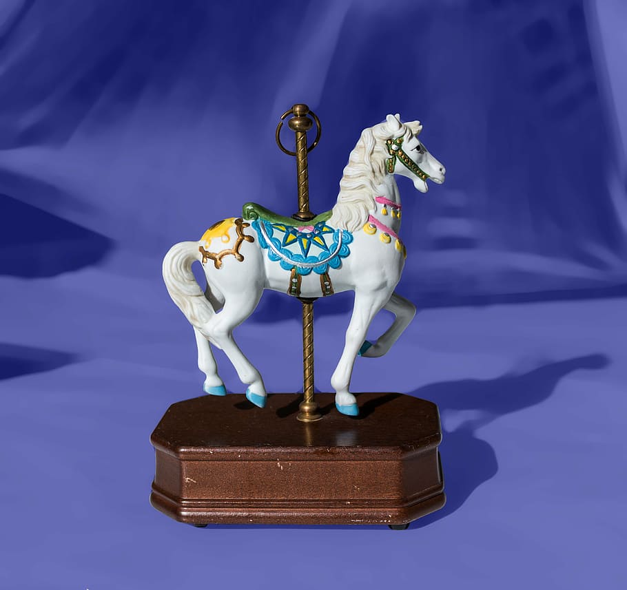 carousel, music box, porcelain horse, vintage, representation, animal representation, indoors, blue, animal, mammal
