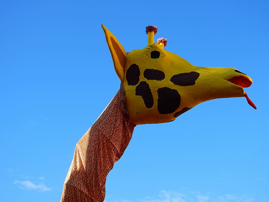 carnival, move, giraffe, motivational dare, motif, papier-mâché, sky, representation, animal representation, blue