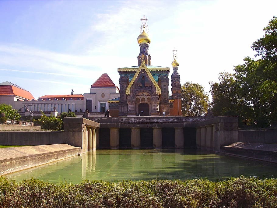 Orthodox Church, Spires, Buildings, architecture, religion, sky, clouds, pond, water, reflections