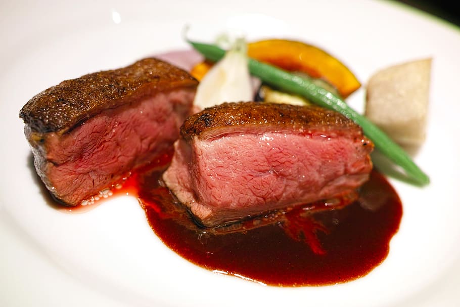 steak on plate, restaurant, cuisine, food, french, french cuisine, duck meat, roasted duck, meat, food and drink