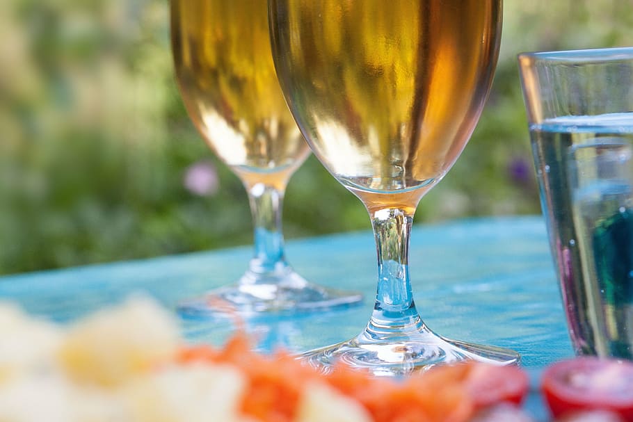 two, clear, wine glasses, glass surface, garden party, beer, festival, pils, barbecue, gentlemen's evening