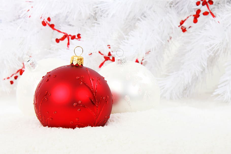 two, white, red, baubles, christmas bauble, ball, celebration, christmas, decoration, glass