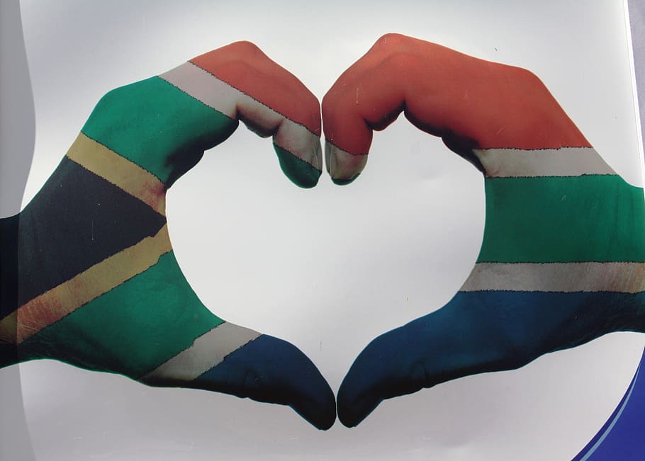Sudáfrica, bandera, corazón, mano, signo, bandera de Sudáfrica, símbolo de amor, símbolo, manos, parte del cuerpo humano