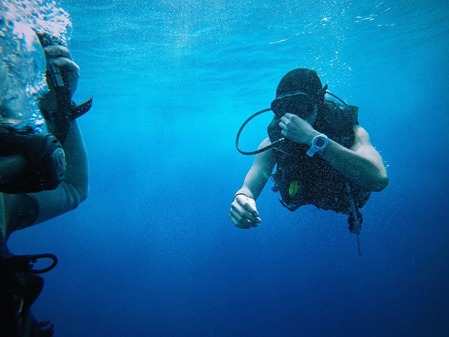 persona, buceo, submarino, agua azul, buzos, equipos, gafas, océano, personas, recreación