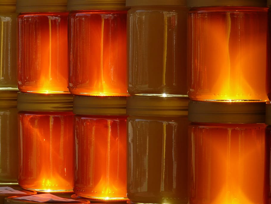 pilha, claro, recipientes, mel, jarro, À venda, pote de mel, mel à venda, apicultor, apicultura
