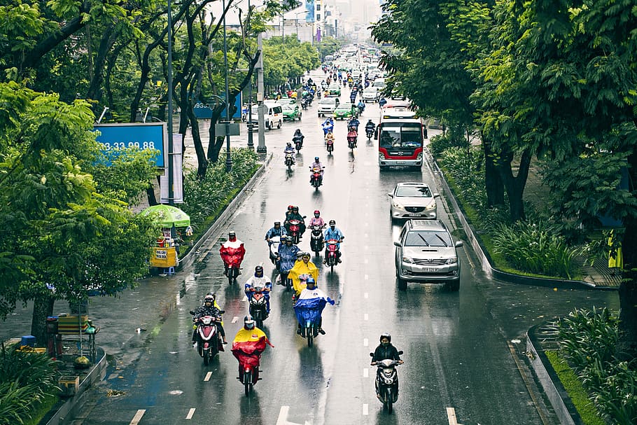 lluvia, urbano, tráfico, motocicleta, carretera, mojado, saigon, transporte, modo de transporte, ciudad