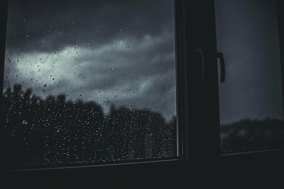 water, drops, glass window, rain, window, dark, night, room, house, sleep
