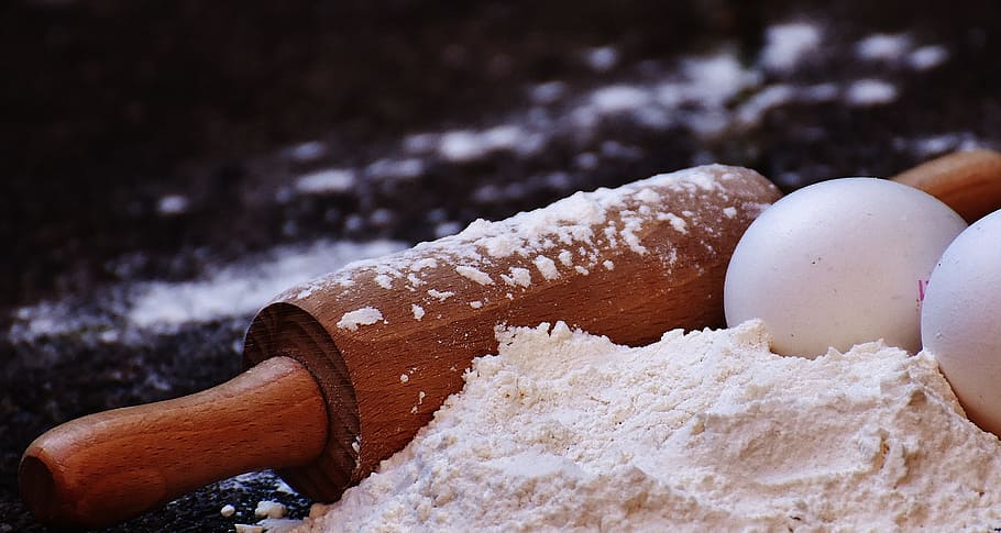 rolling, pin, two, eggs, flour, bake, rolling pin, egg, ingredients, prepare