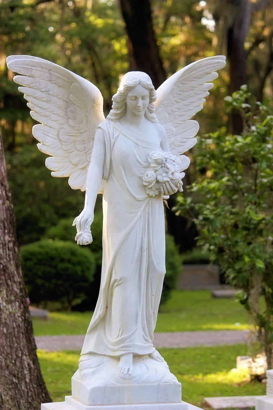 female, angel statue, garden, angel, wings, cemetery, peaceful, grave, trees, nature