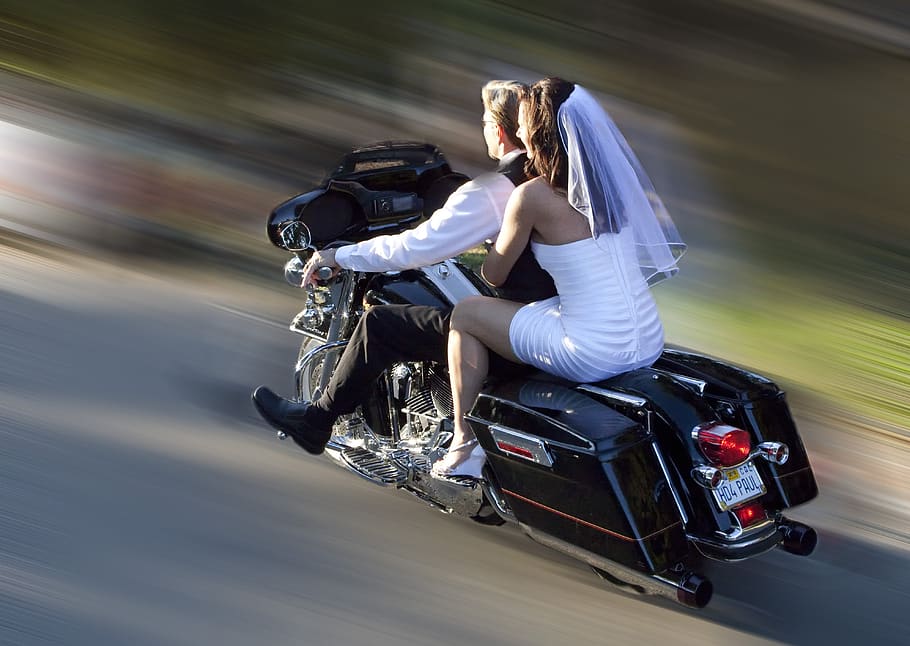 married, bikers, wedding, blurred motion, transportation, motion, women, two people, mode of transportation, motorcycle
