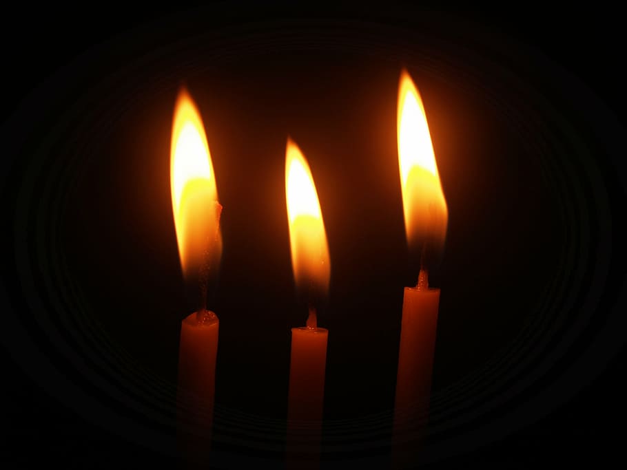 three candlelights, flame, church, wax, light, beam, closeup, ceremony, praying, christian