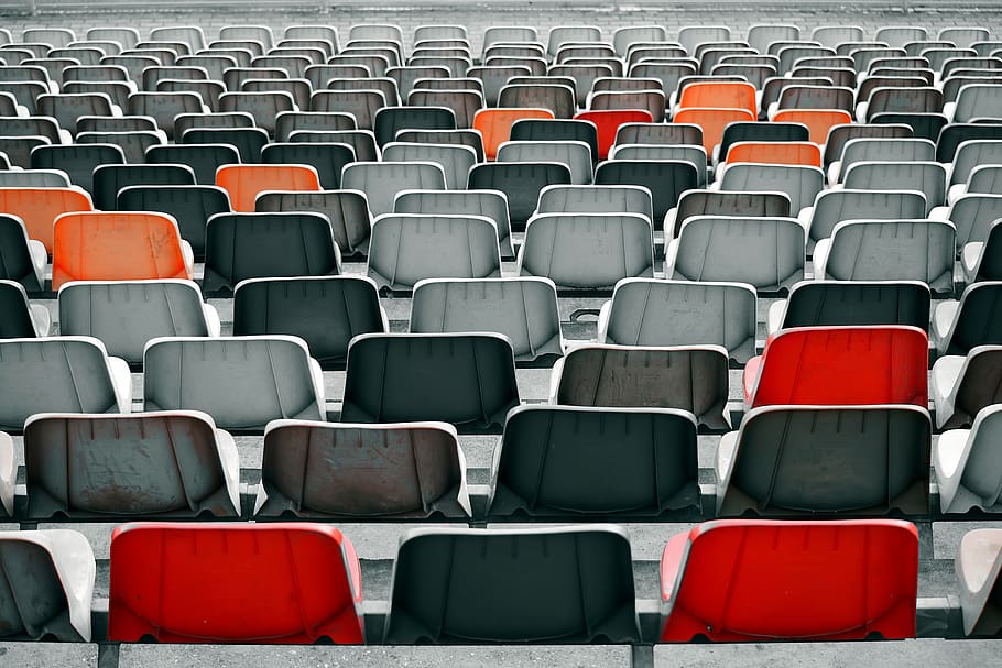 kursi seri, duduk, stadion, baris kursi, kursi, tempat duduk, tribun penonton, berturut-turut, kosong, sekelompok besar objek