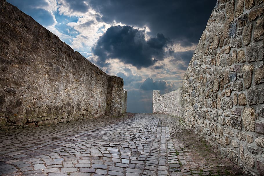 cloudy, sky, daytime, wall, fixing, city wall, protection, cobblestones, patch, middle ages