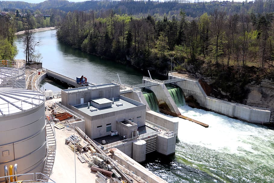 hydroelectric power station, current, energy, water power, kinetic energy, power plant, water, tree, plant, high angle view