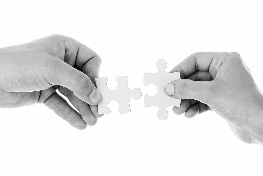 person, holding, jigsaw pieces, connect, connection, cooperation, hands, isolated, jigsaw, join