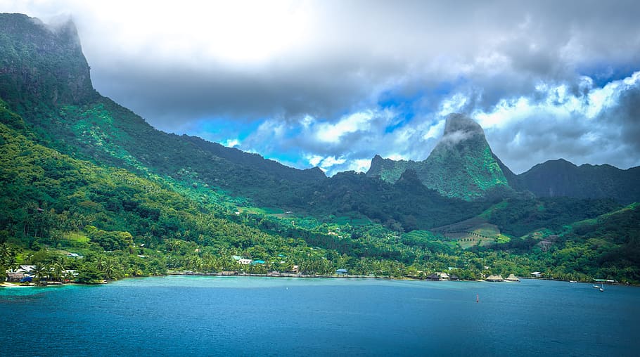 aerial, photo body, water, mountain, moorea, french polynesia, tropical, island, pacific, ocean