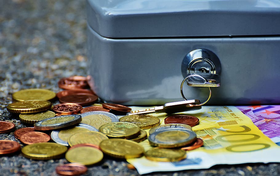 assorted-denomination coin lot, cashbox, money, currency, cash box, finance, money box, euro, cash and cash equivalents, cash