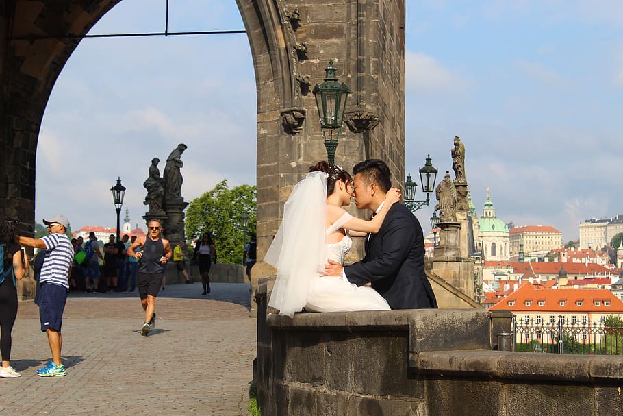 prague, charles bridge, bride and groom, kiss, czech republic, landmark, background, tourism, architecture, built structure