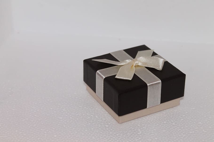 square, black, brown, bow accent gift box, white, surface, black and brown, bow, accent, gift